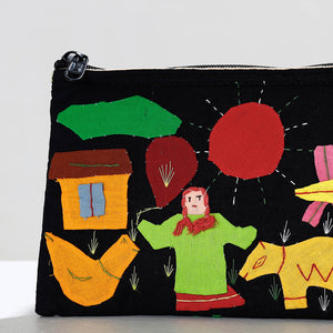 Black - Pipli Applique Work Cotton Cosmetic Pouch