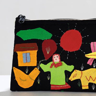 Black - Pipli Applique Work Cotton Cosmetic Pouch