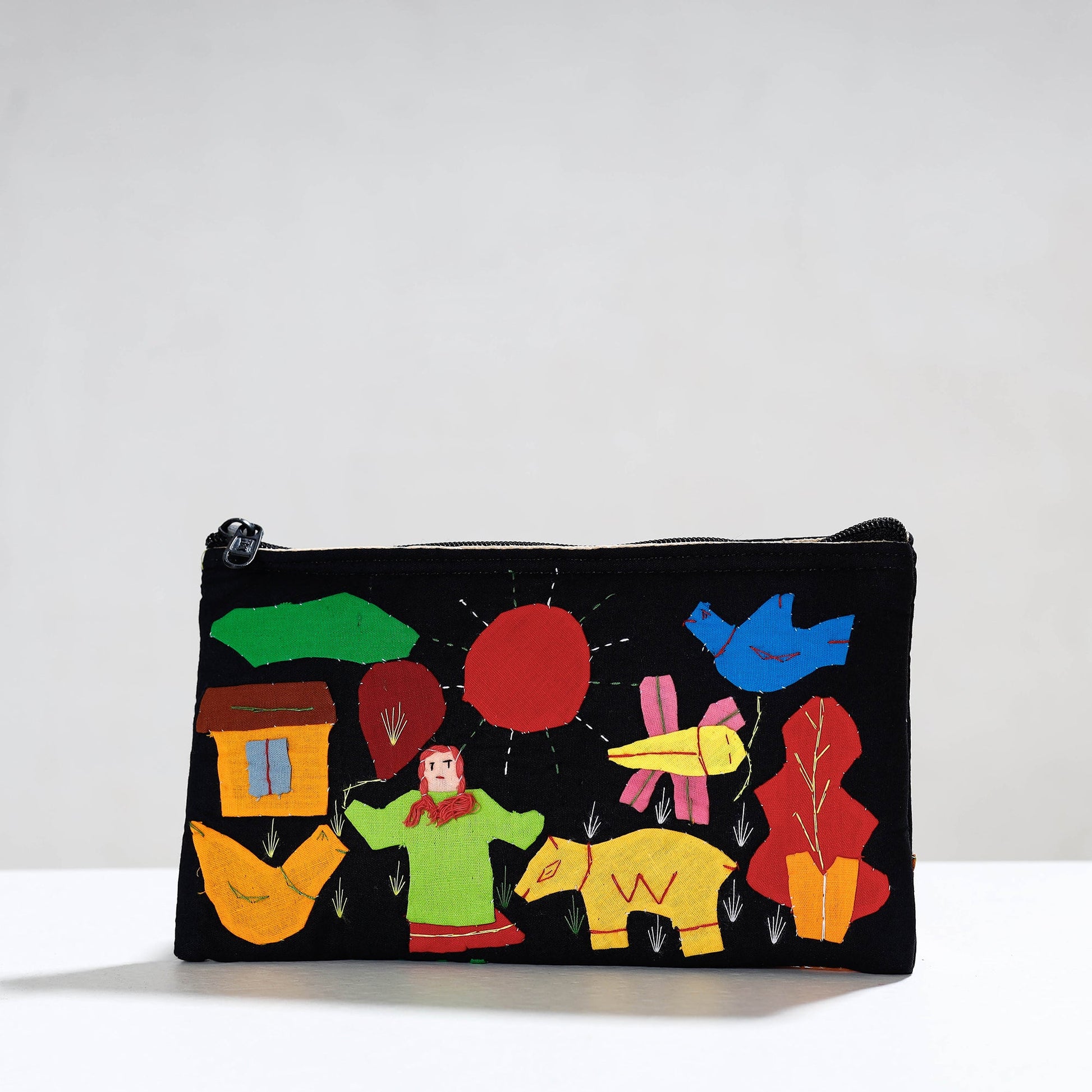 Black - Pipli Applique Work Cotton Cosmetic Pouch