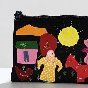 Black - Pipli Applique Work Cotton Cosmetic Pouch