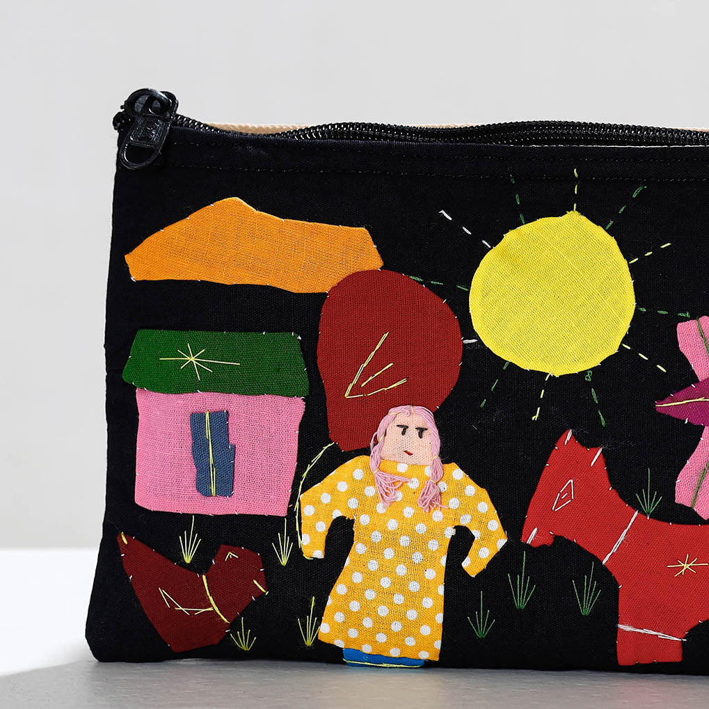 Black - Pipli Applique Work Cotton Cosmetic Pouch