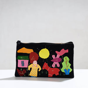 Black - Pipli Applique Work Cotton Cosmetic Pouch