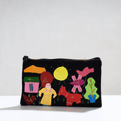 Black - Pipli Applique Work Cotton Cosmetic Pouch