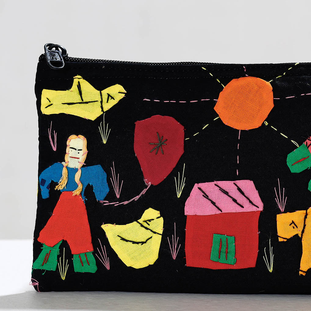 Black - Pipli Applique Work Cotton Cosmetic Pouch