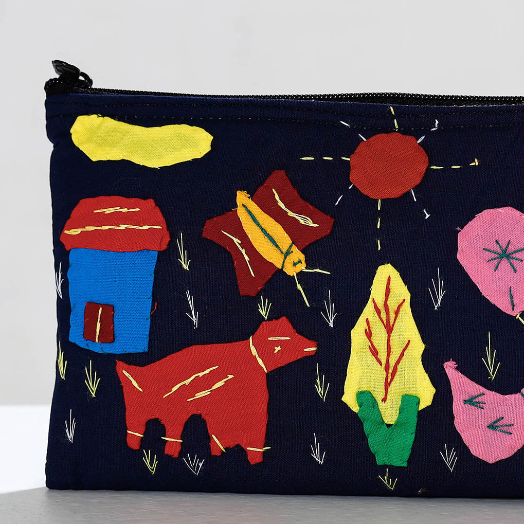 Black - Pipli Applique Work Cotton Cosmetic Pouch