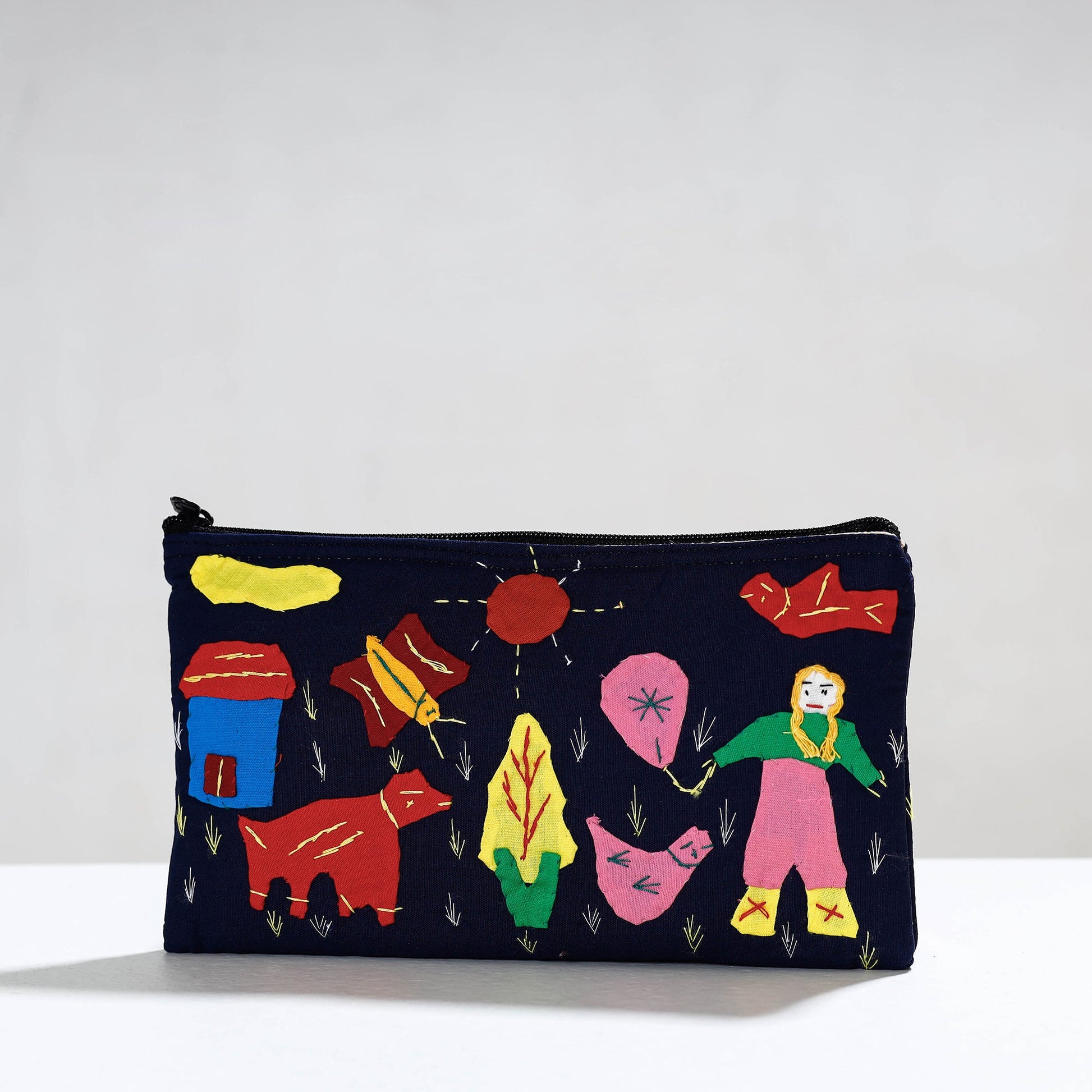 Black - Pipli Applique Work Cotton Cosmetic Pouch