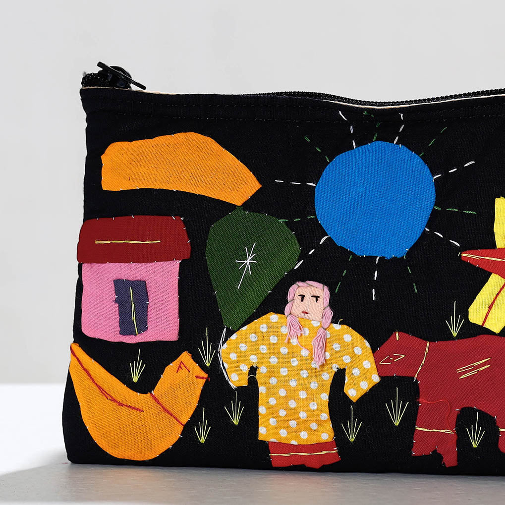 Black - Pipli Applique Work Cotton Cosmetic Pouch
