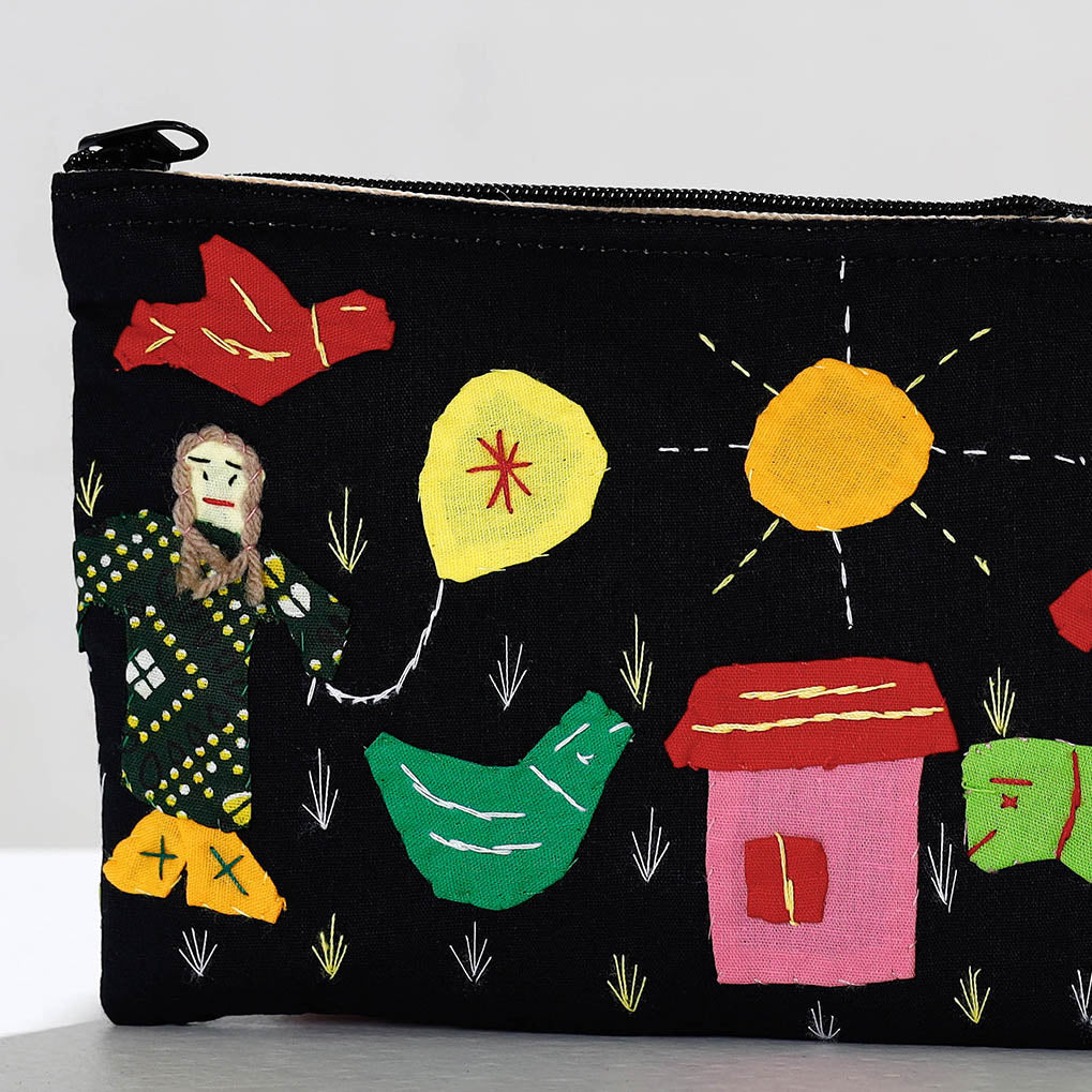 Black - Pipli Applique Work Cotton Cosmetic Pouch