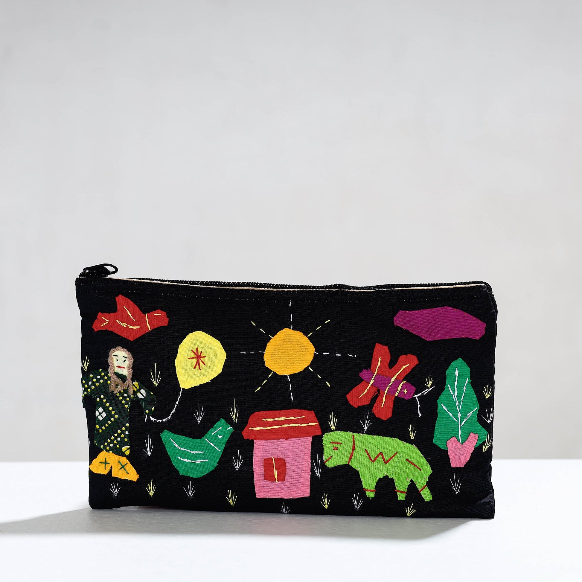 Black - Pipli Applique Work Cotton Cosmetic Pouch