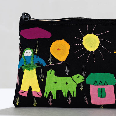 Black - Pipli Applique Work Cotton Cosmetic Pouch