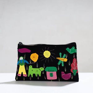 Black - Pipli Applique Work Cotton Cosmetic Pouch