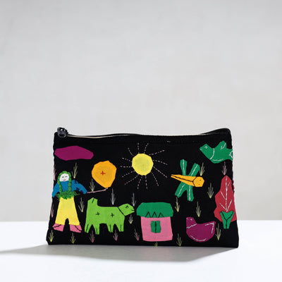 Black - Pipli Applique Work Cotton Cosmetic Pouch