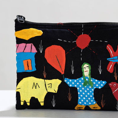 Black - Pipli Applique Work Cotton Cosmetic Pouch