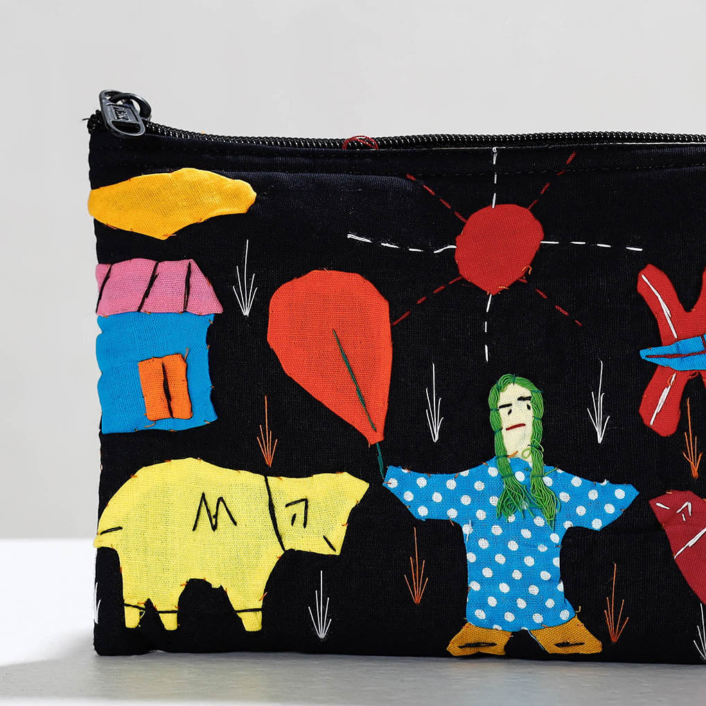 Black - Pipli Applique Work Cotton Cosmetic Pouch