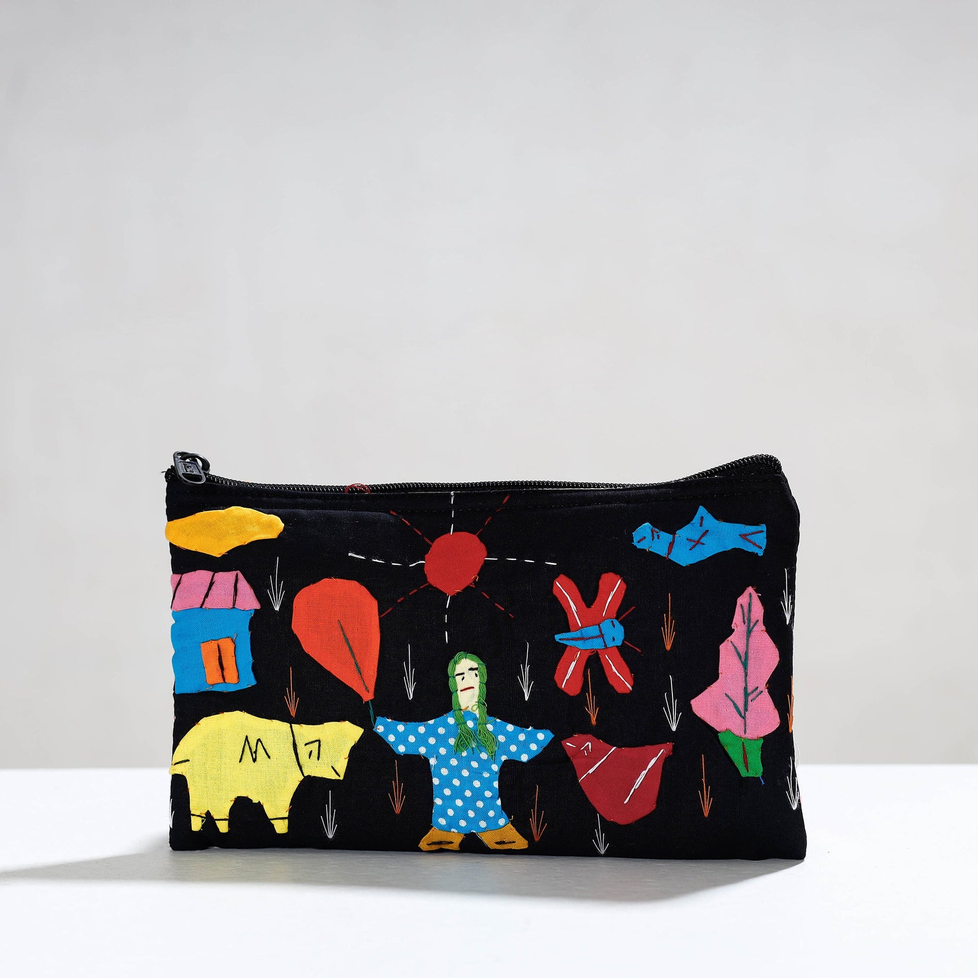 Black - Pipli Applique Work Cotton Cosmetic Pouch