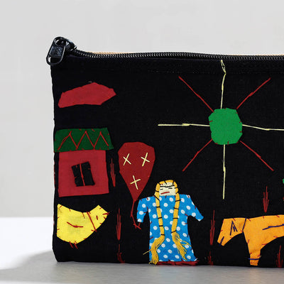 Black - Pipli Applique Work Cotton Cosmetic Pouch