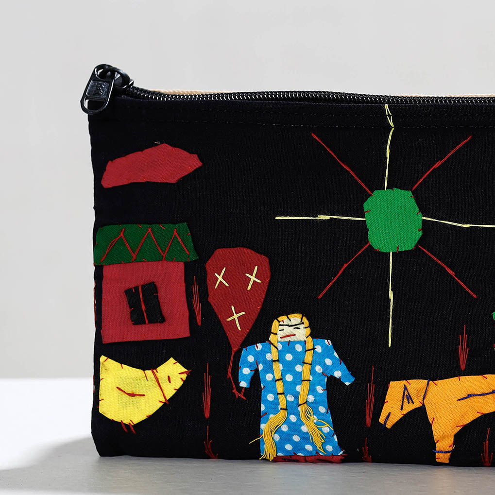 Black - Pipli Applique Work Cotton Cosmetic Pouch