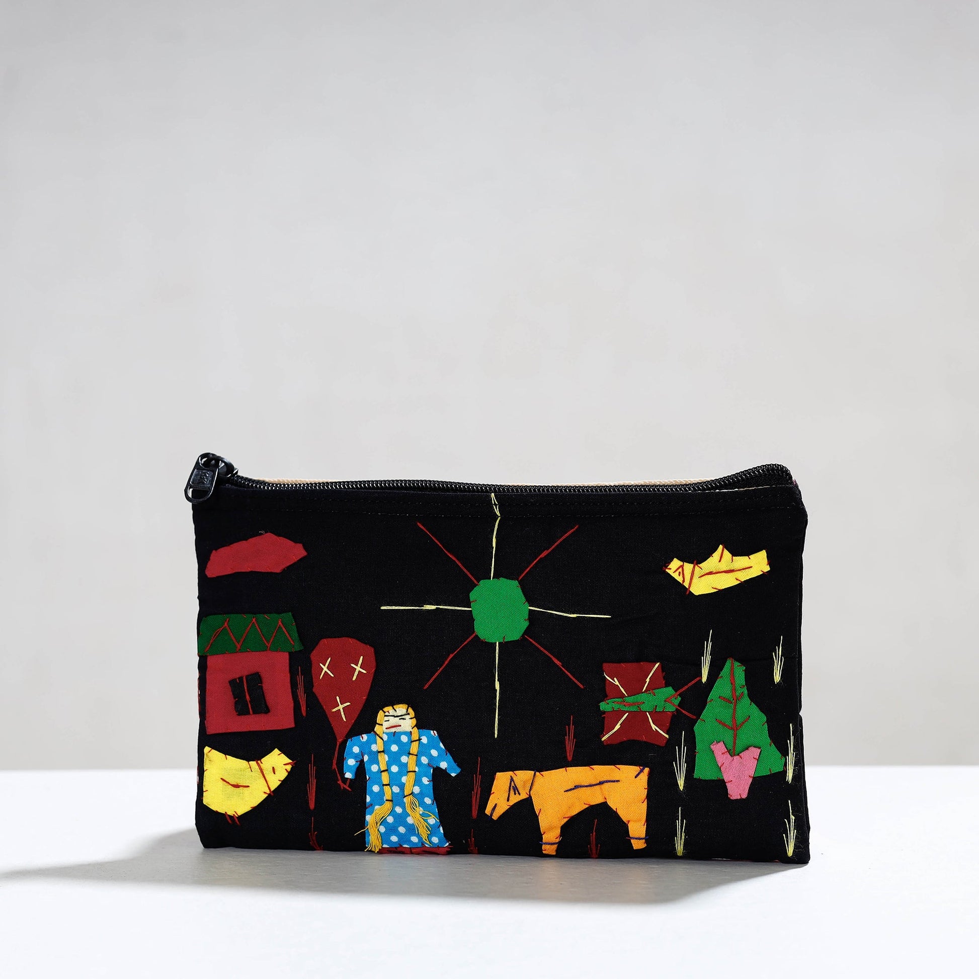 Black - Pipli Applique Work Cotton Cosmetic Pouch