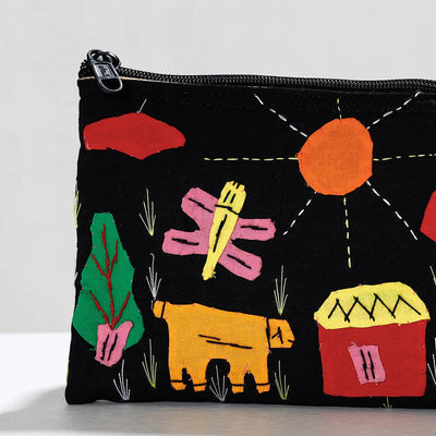 Black - Pipli Applique Work Cotton Cosmetic Pouch