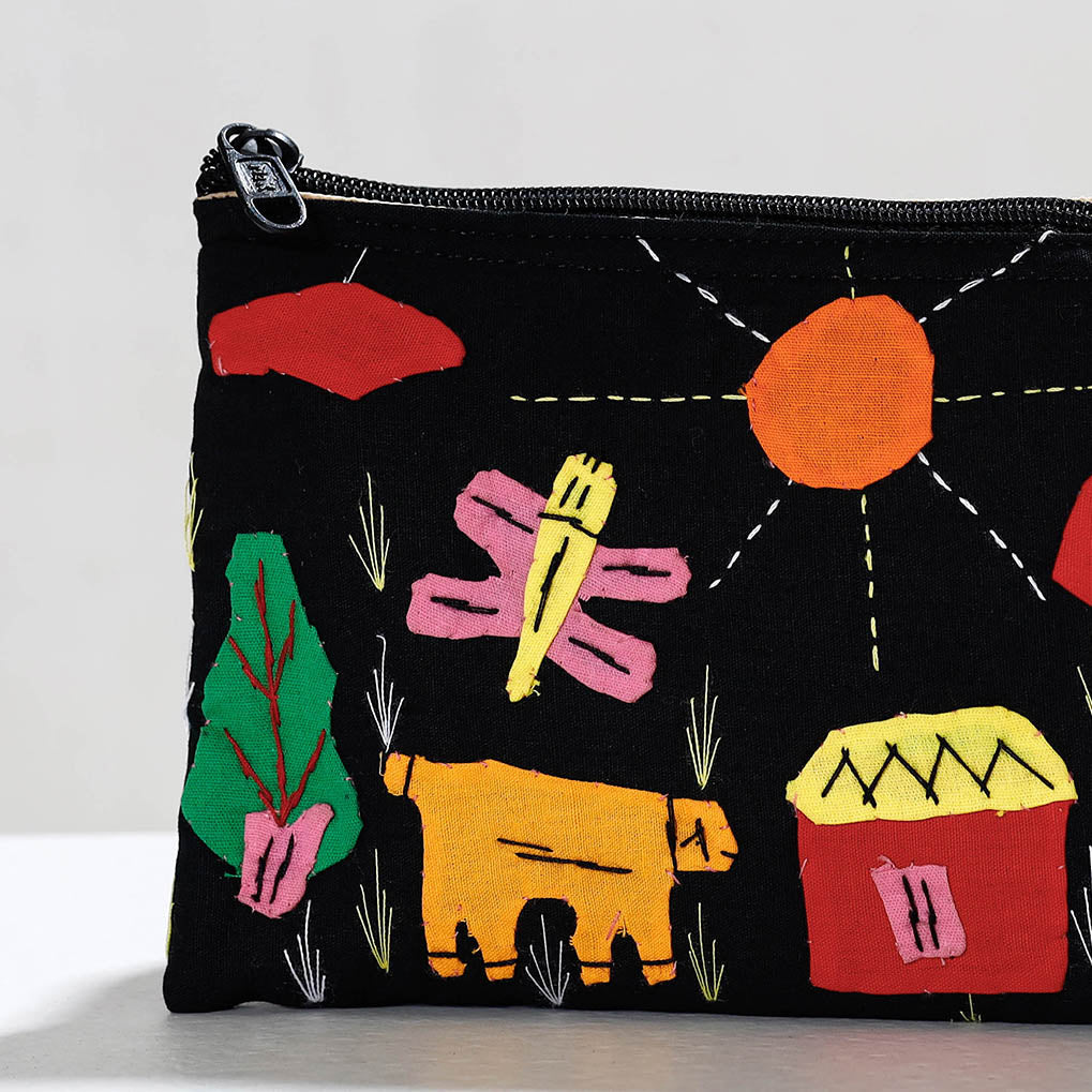 Black - Pipli Applique Work Cotton Cosmetic Pouch