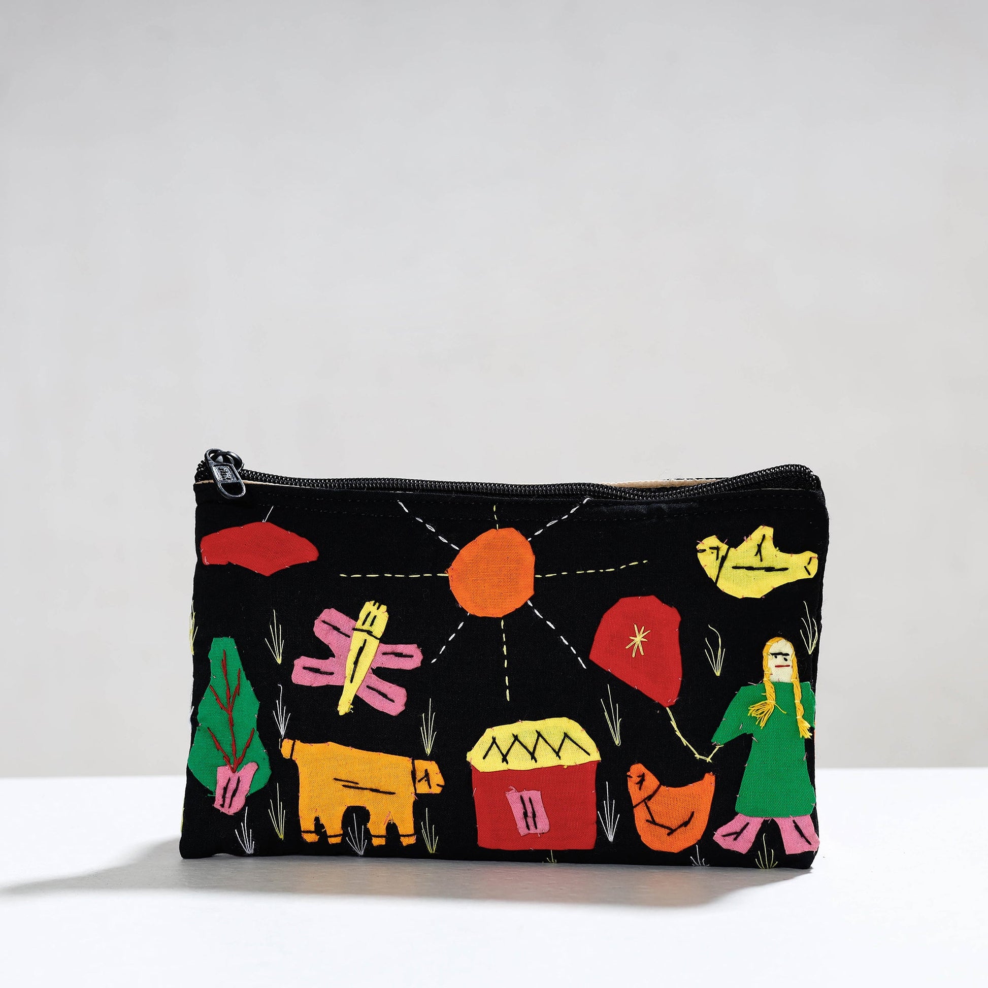 Black - Pipli Applique Work Cotton Cosmetic Pouch