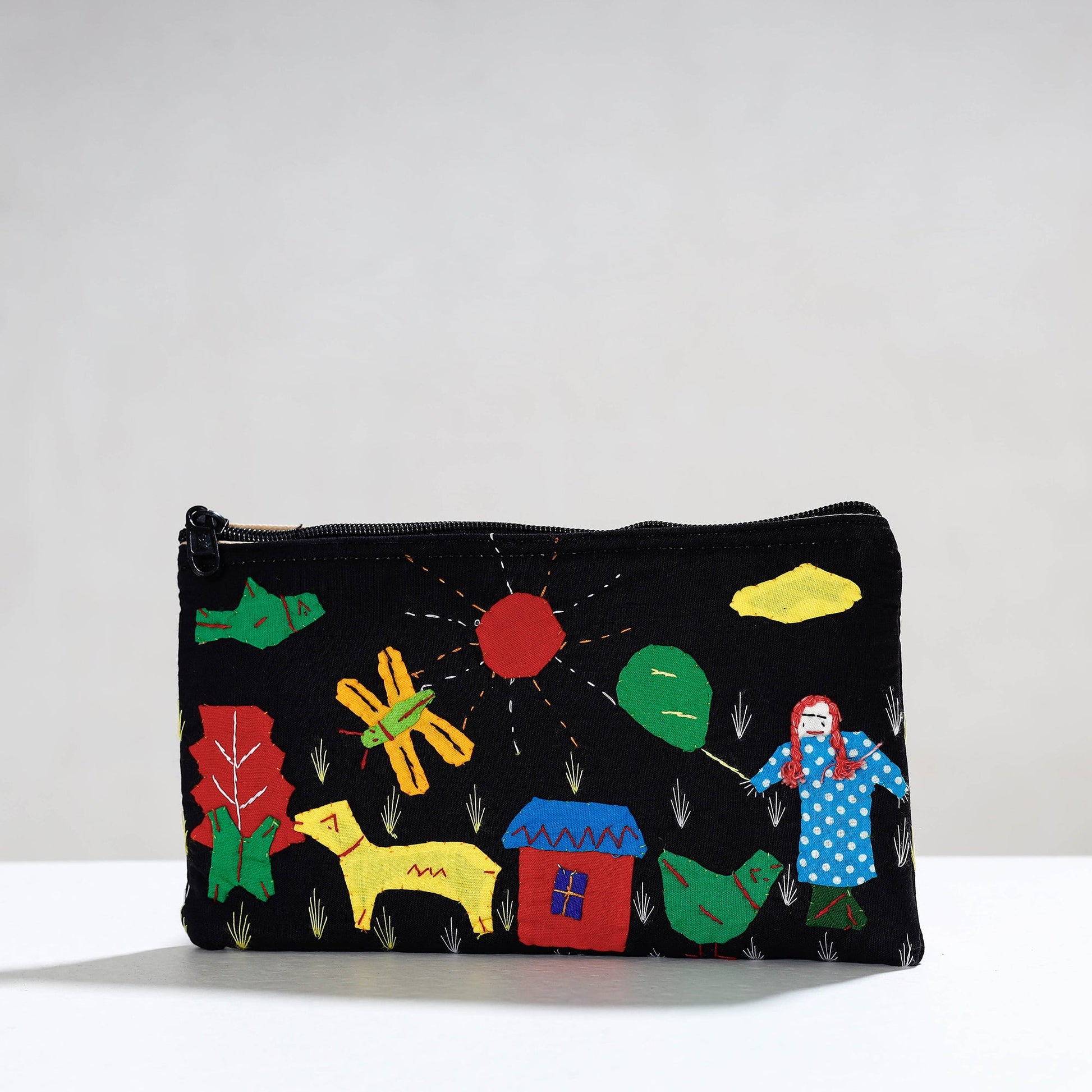 Black - Pipli Applique Work Cotton Cosmetic Pouch