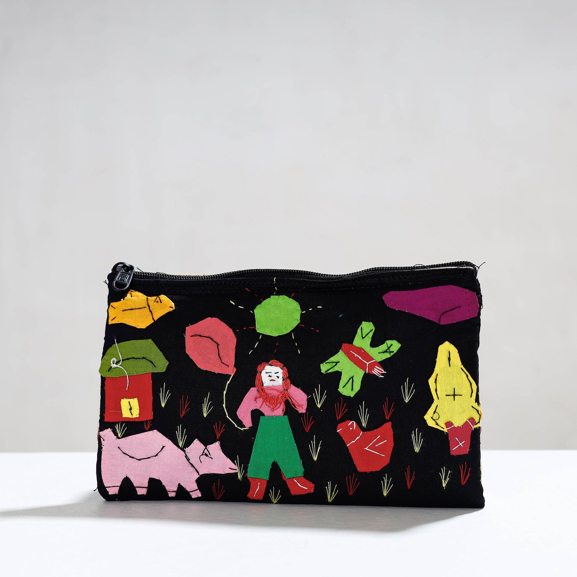Black - Pipli Applique Work Cotton Cosmetic Pouch