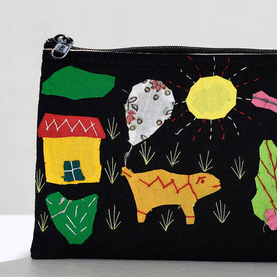 Black - Pipli Applique Work Cotton Cosmetic Pouch