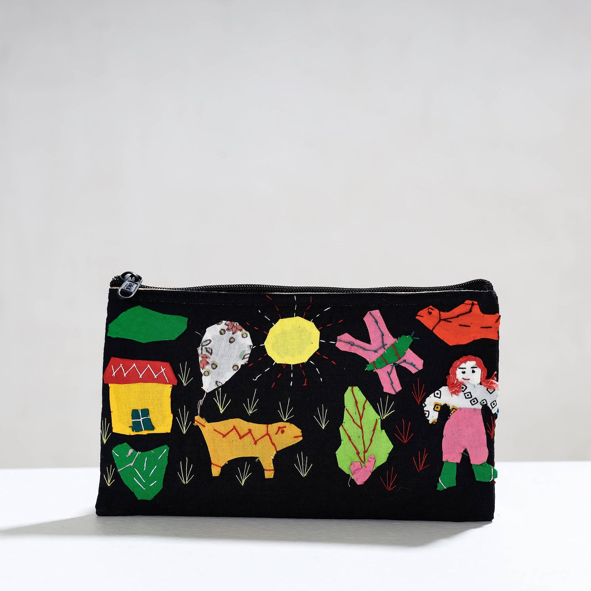 Black - Pipli Applique Work Cotton Cosmetic Pouch