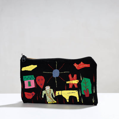 Black - Pipli Applique Work Cotton Cosmetic Pouch