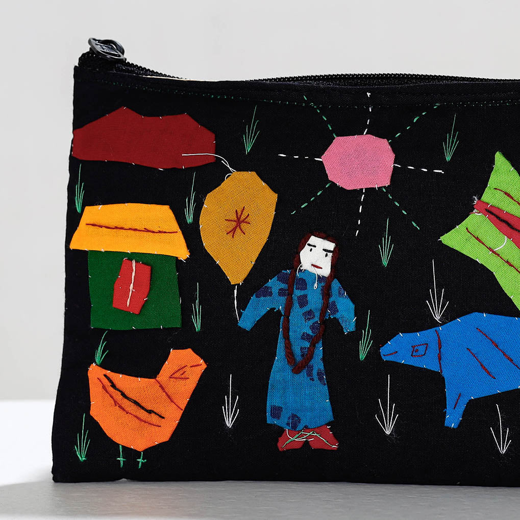Black - Pipli Applique Work Cotton Cosmetic Pouch