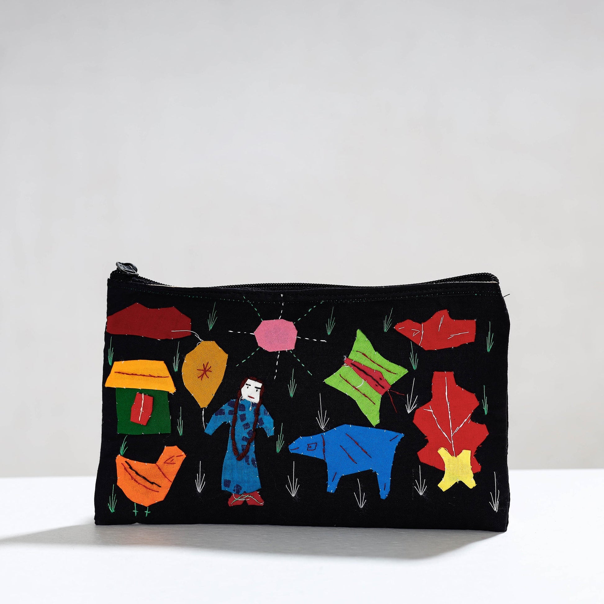 Black - Pipli Applique Work Cotton Cosmetic Pouch