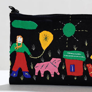 Black - Pipli Applique Work Cotton Cosmetic Pouch