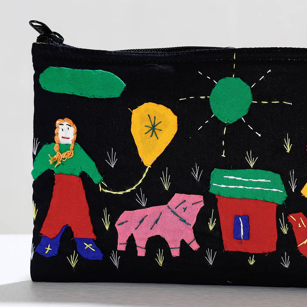 Black - Pipli Applique Work Cotton Cosmetic Pouch