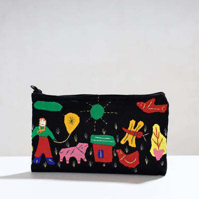 Black - Pipli Applique Work Cotton Cosmetic Pouch