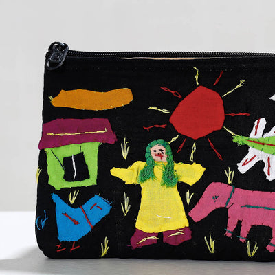 Black - Pipli Applique Work Cotton Cosmetic Pouch