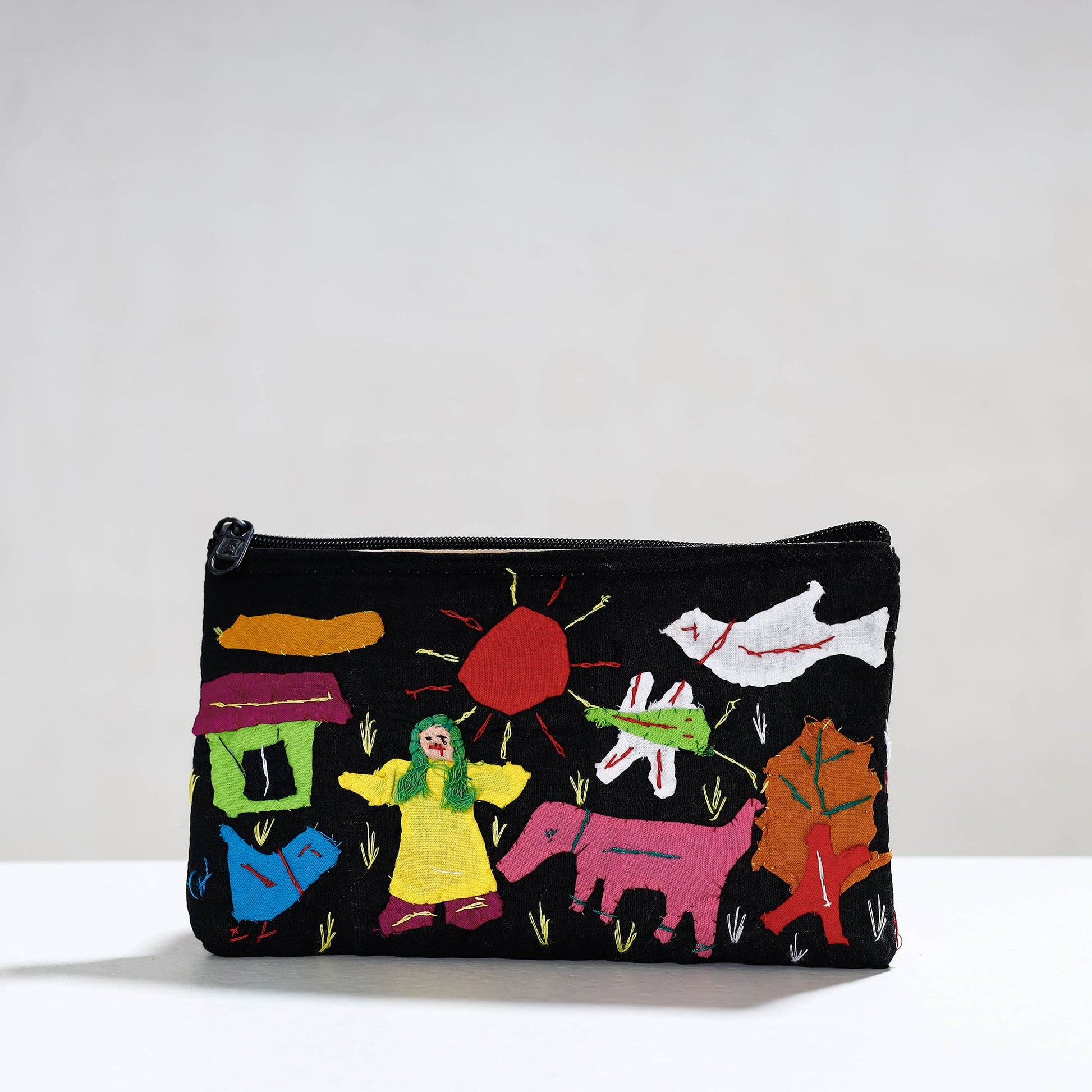 Black - Pipli Applique Work Cotton Cosmetic Pouch