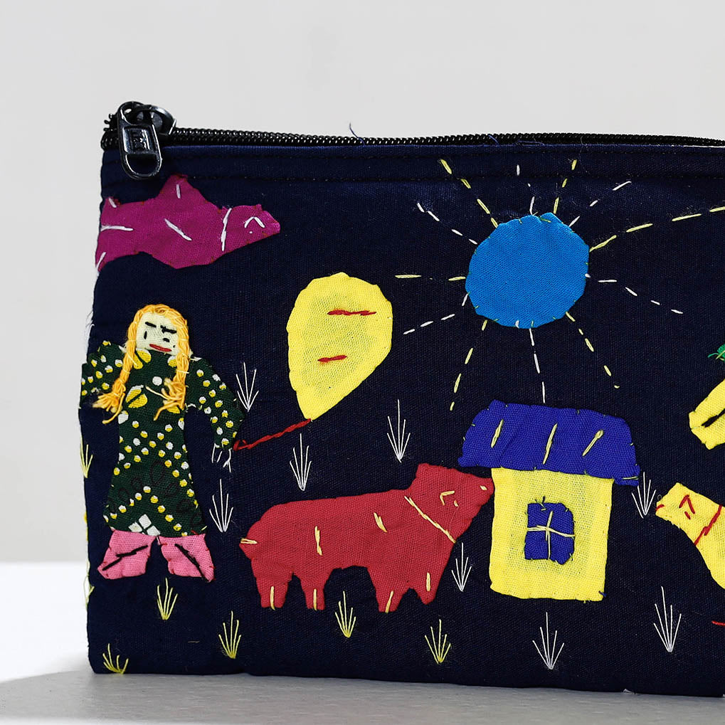 Black - Pipli Applique Work Cotton Cosmetic Pouch