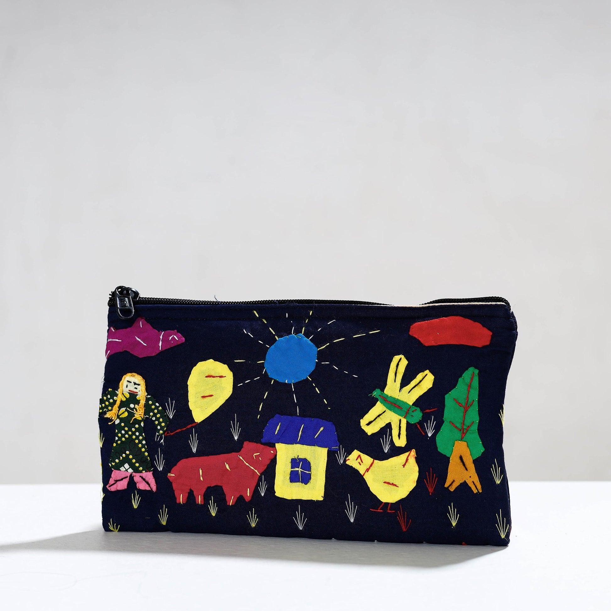 Black - Pipli Applique Work Cotton Cosmetic Pouch