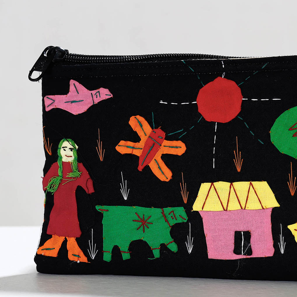 Black - Pipli Applique Work Cotton Cosmetic Pouch