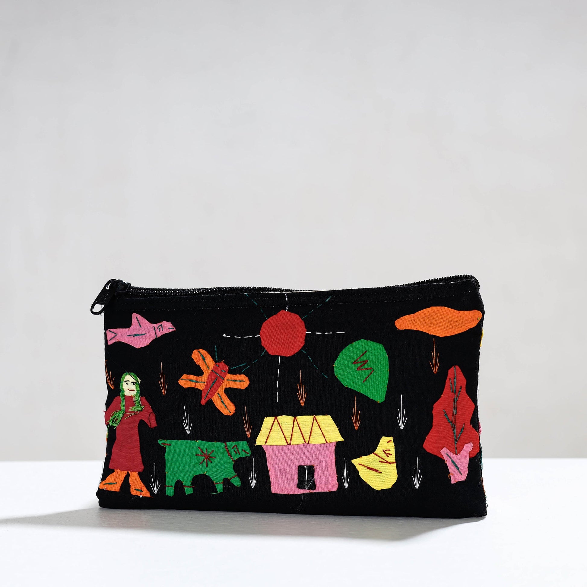 Black - Pipli Applique Work Cotton Cosmetic Pouch