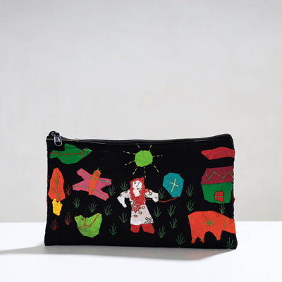Black - Pipli Applique Work Cotton Cosmetic Pouch
