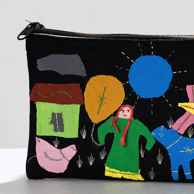 Black - Pipli Applique Work Cotton Cosmetic Pouch