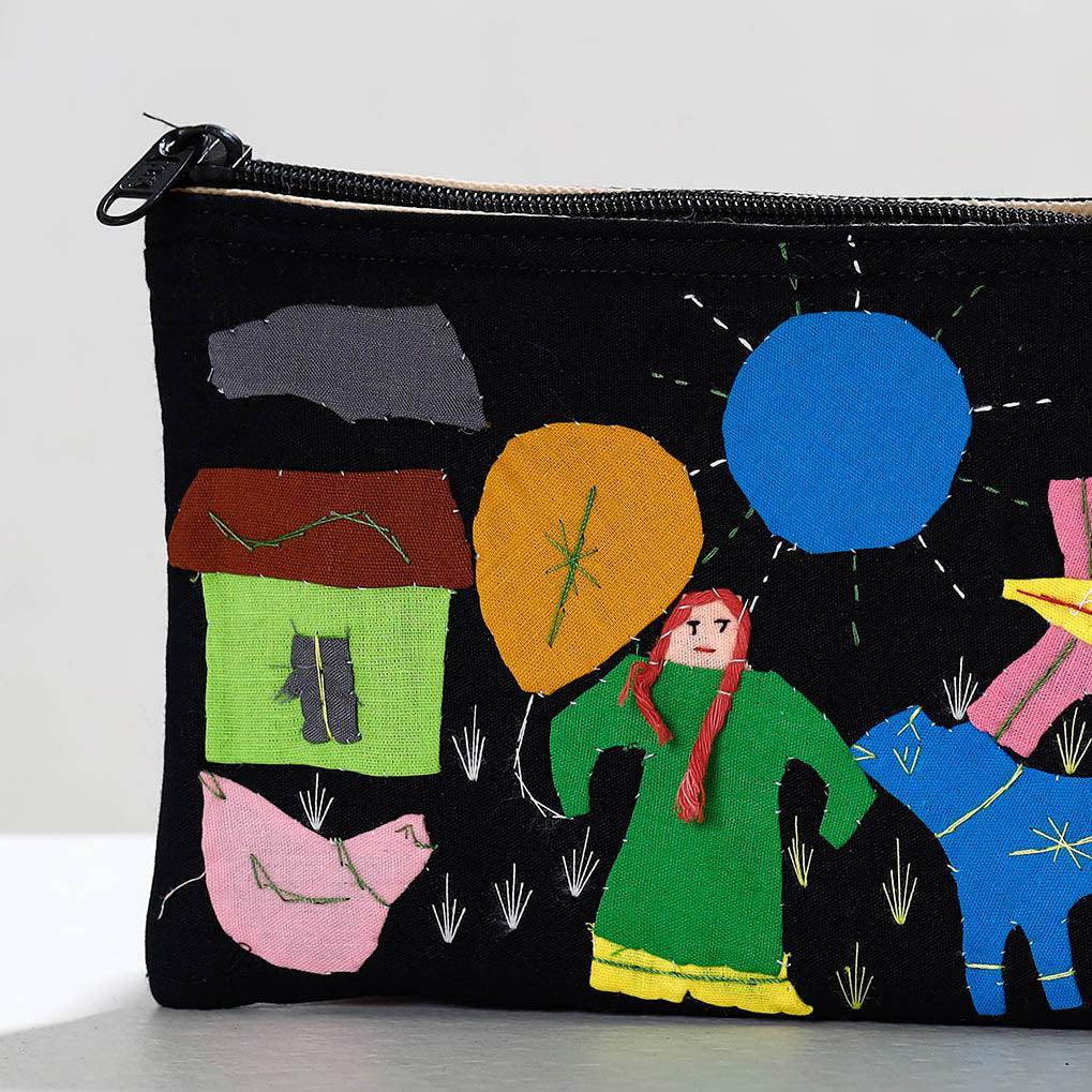 Black - Pipli Applique Work Cotton Cosmetic Pouch