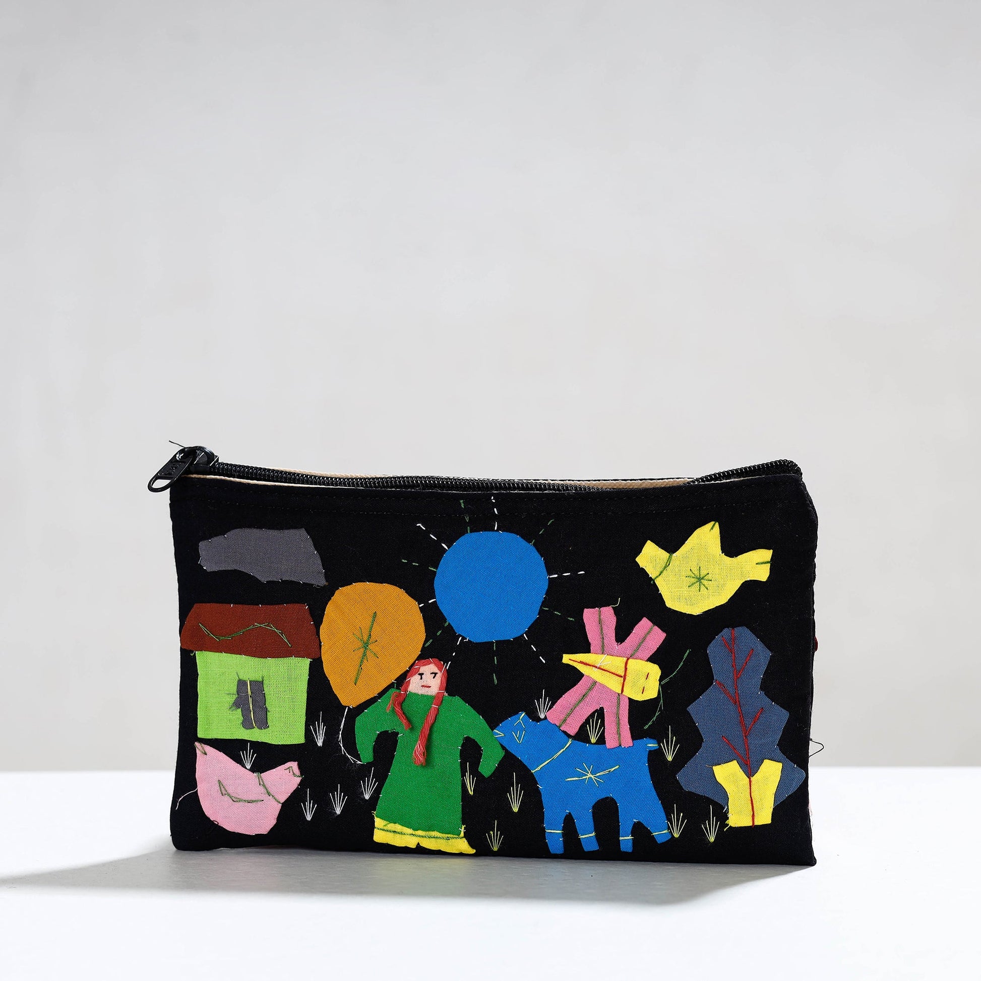 Black - Pipli Applique Work Cotton Cosmetic Pouch