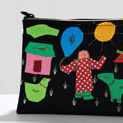 Black - Pipli Applique Work Cotton Cosmetic Pouch