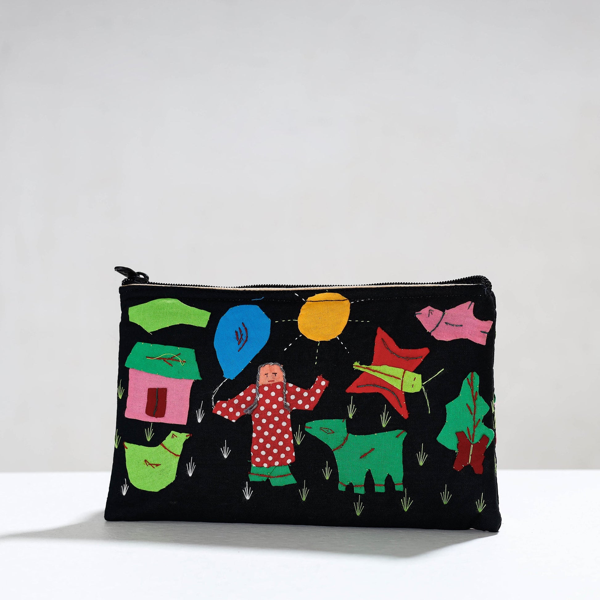 Black - Pipli Applique Work Cotton Cosmetic Pouch