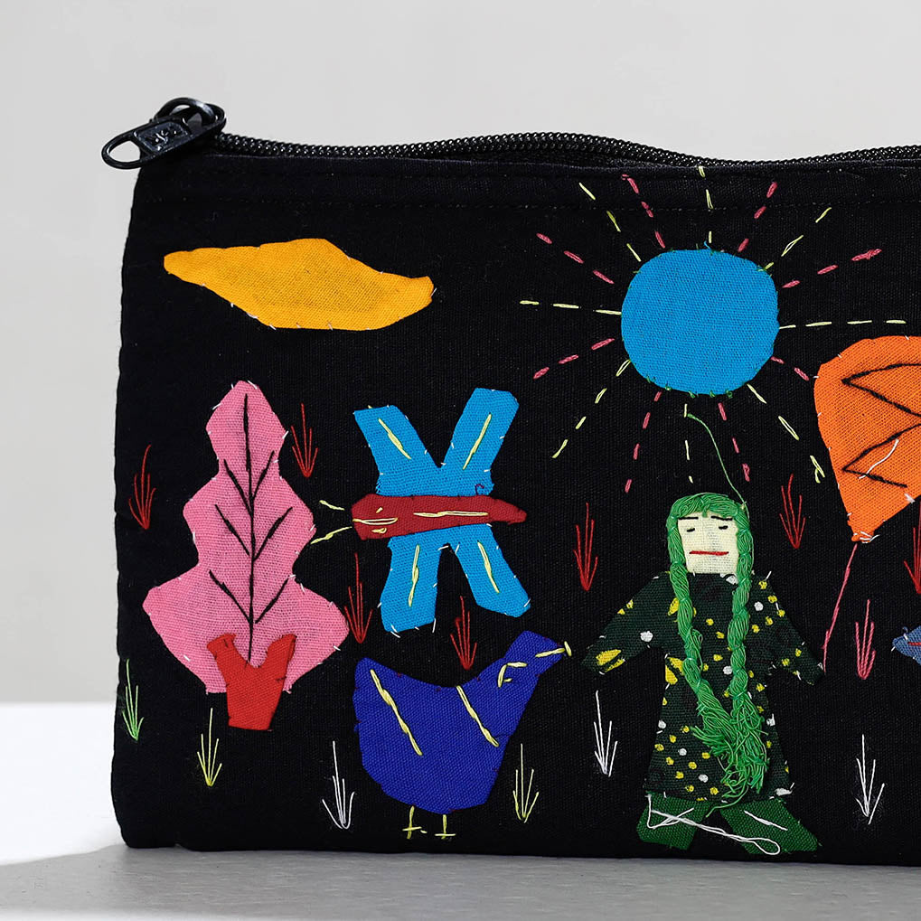 Black - Pipli Applique Work Cotton Cosmetic Pouch
