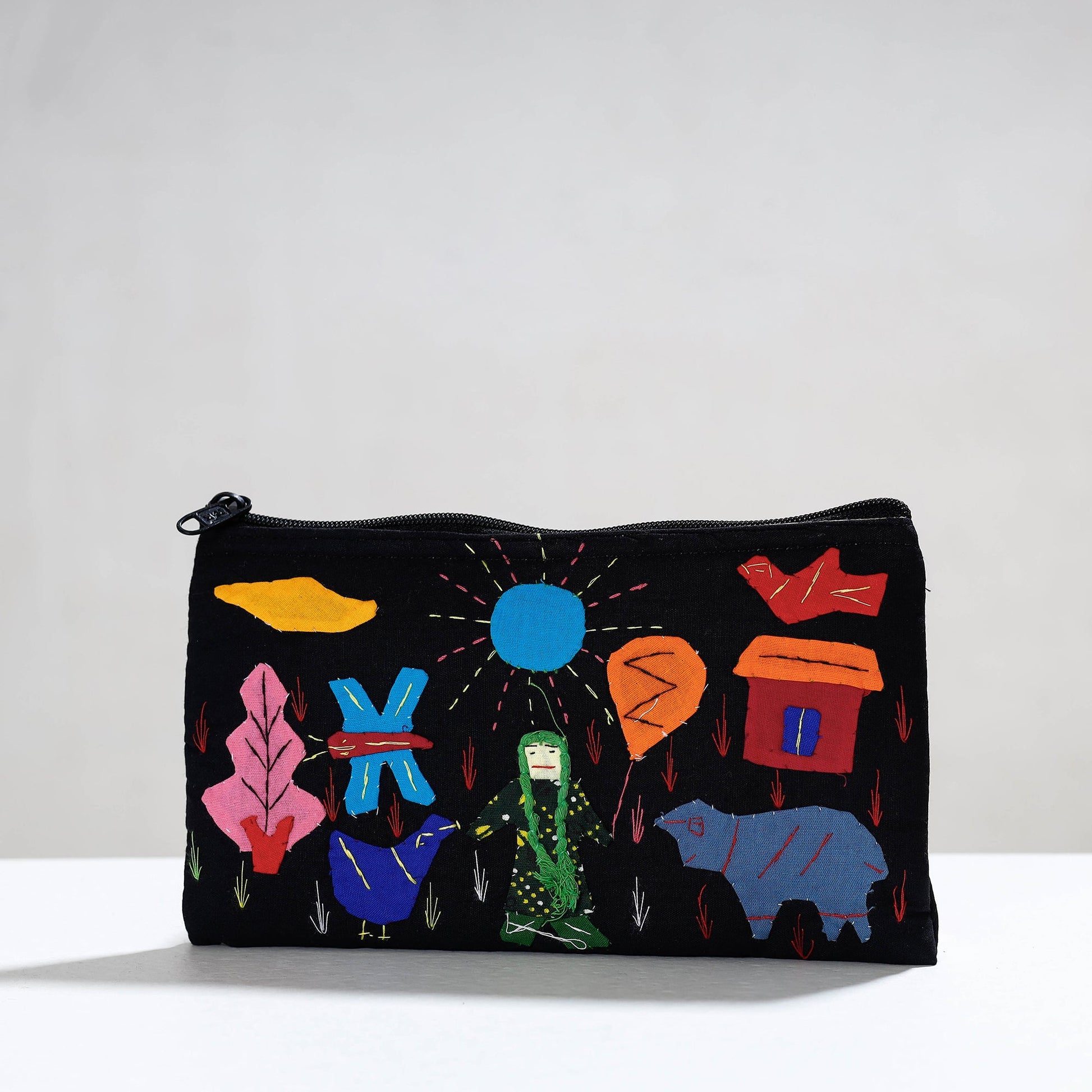 Black - Pipli Applique Work Cotton Cosmetic Pouch