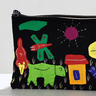 Black - Pipli Applique Work Cotton Cosmetic Pouch